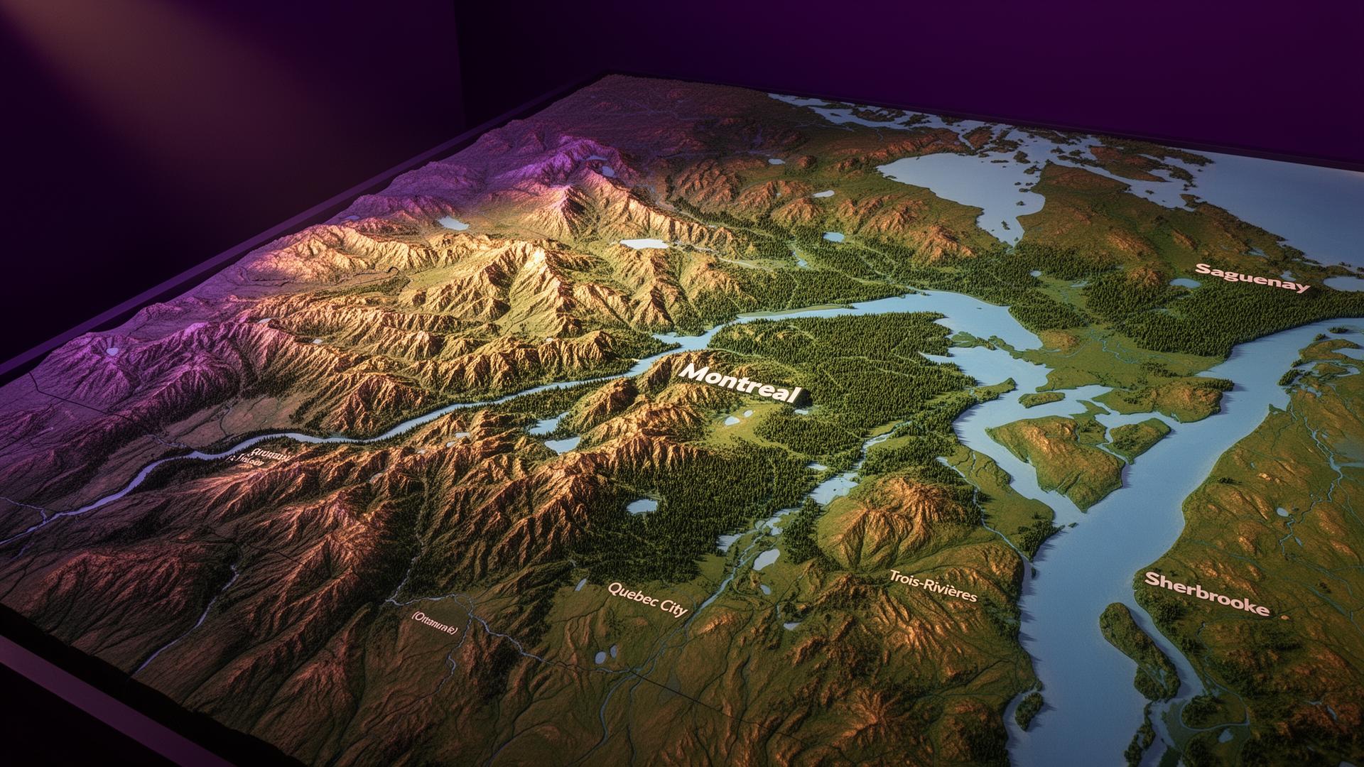 Carte relief 3D du Québec et de l'est canadien